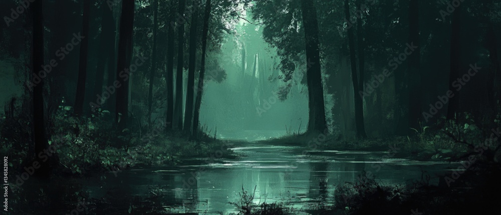 Poster a serene landscape of a dark forest with a stream flowing through it