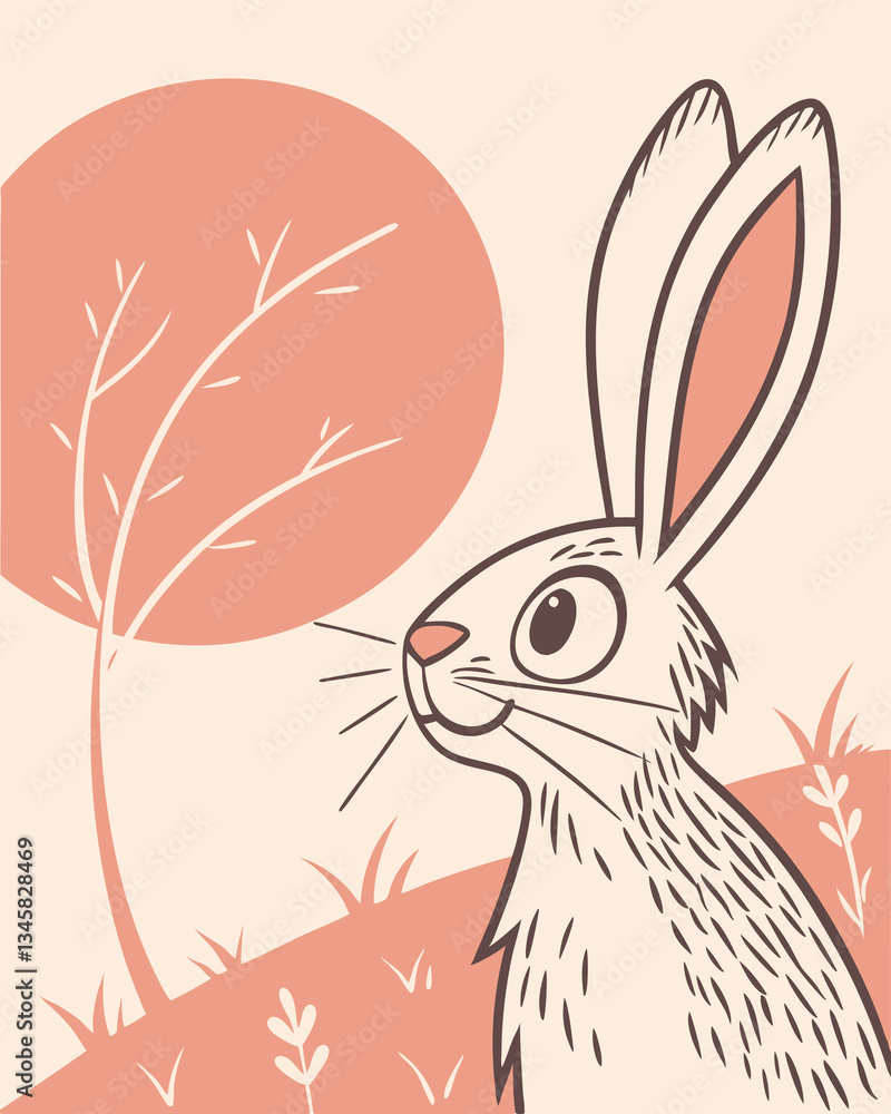 Poster illustration of a rabbit with a tree and grass in a light orange color scheme. perfect for spring in