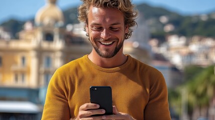 Man is smiling while holding a cell phone. He is wearing a yellow sweater and he is enjoying himself