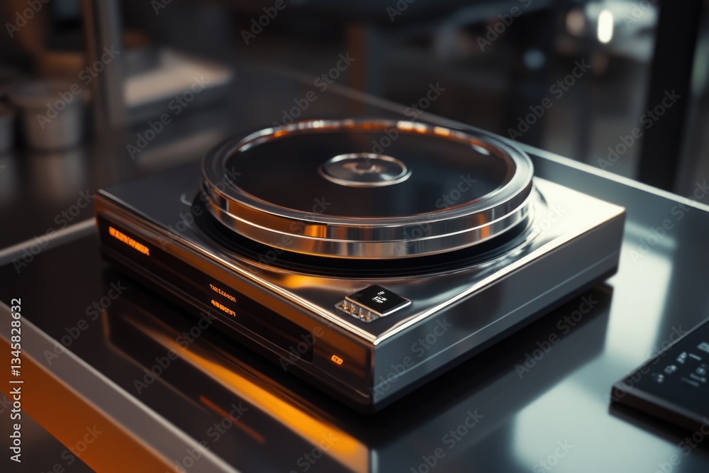 Aufkleber a turntable sits on a table next to a remote control, great for djing or playing music