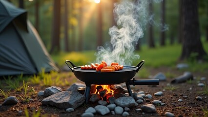 A portable grill with sausage cooking over a campfire in a wooded area