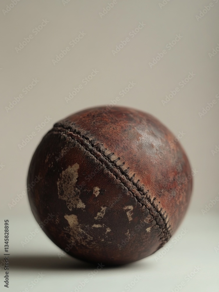 Poster A close-up view of a leather-covered ball sitting on a table, perfect for adding texture and depth to your design