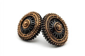 Steampunk-inspired cufflinks, black and gold gear design, intricate detail.