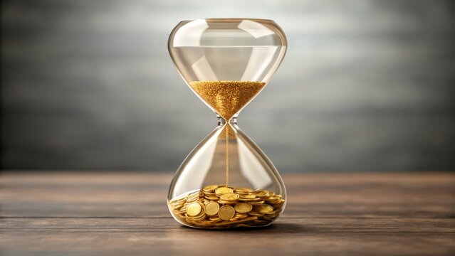 A digital hourglass filled with gold coins instead of sand, symbolizing wealth and time. Financial growth and passive income,