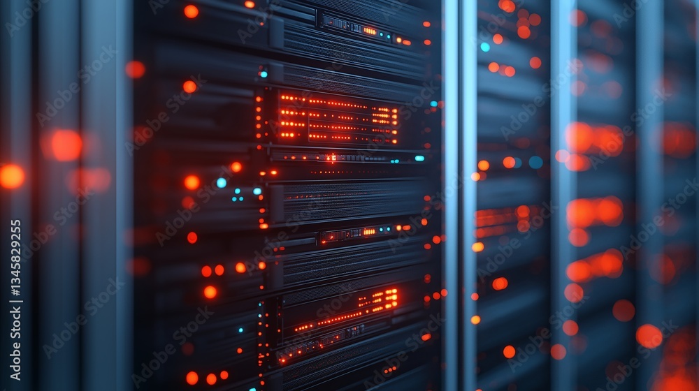 Poster cloud computing data centers feature glowing servers illuminating the dark environment