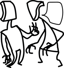 Two characters without faces are arguing or talking about something.