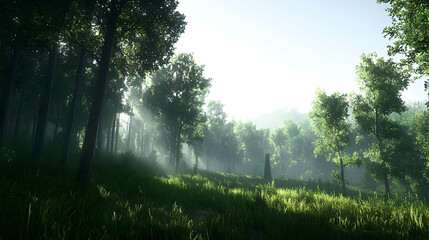 Lush Green Forest Illuminated By Sun Rays Through The Trees Creating Atmospheric Landscape With Meadow