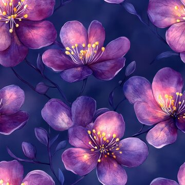 Seamless beautiful purple flowers watercolor style pattern