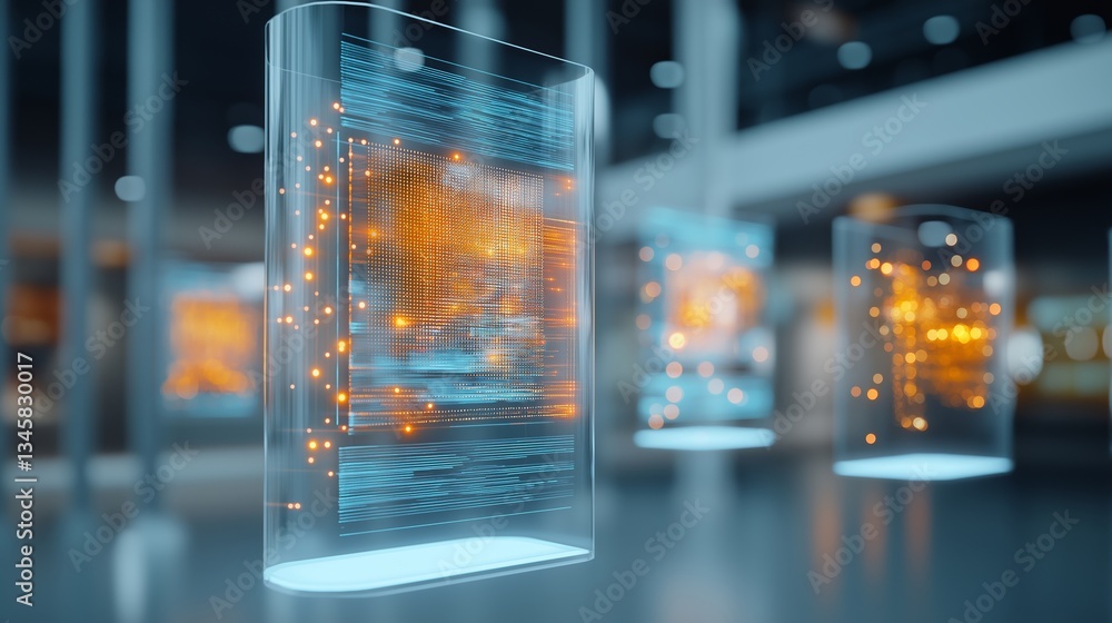 Poster ai technology analyzes big data displayed on transparent digital panels in a modern environment