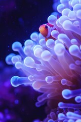 A small fish swims near glowing anemone tentacles in water
