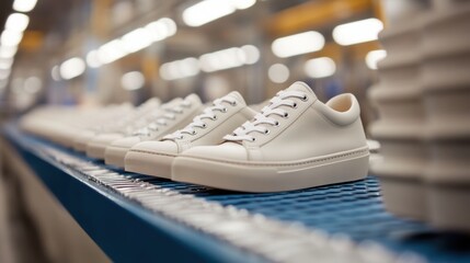 White sneakers are displayed on a conveyor belt inside a factory dedicated to manufacturing ethical vegan footwear