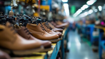 Ethical vegan footwear is produced in a factory, showcasing a range of stylish shoes on an assembly line, emphasizing sustainable manufacturing practices and quality craftsmanship