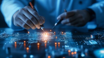 Technician performing fiber-optic connection repair in a technology lab during late evening hours