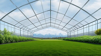 Obraz premium Modern Greenhouse Under a Summer Sky: 3D Render of a Lush Interior AI Generated