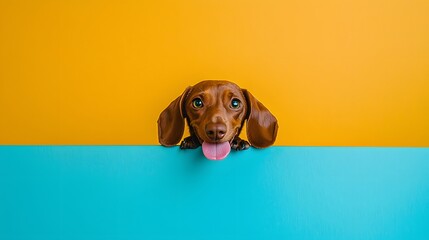 Playful Dachshund Dog Peeking Over Teal and Yellow Background