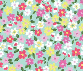 Seamless ditsy floral pattern. Cute garden flowers and leaves colorful pattern.