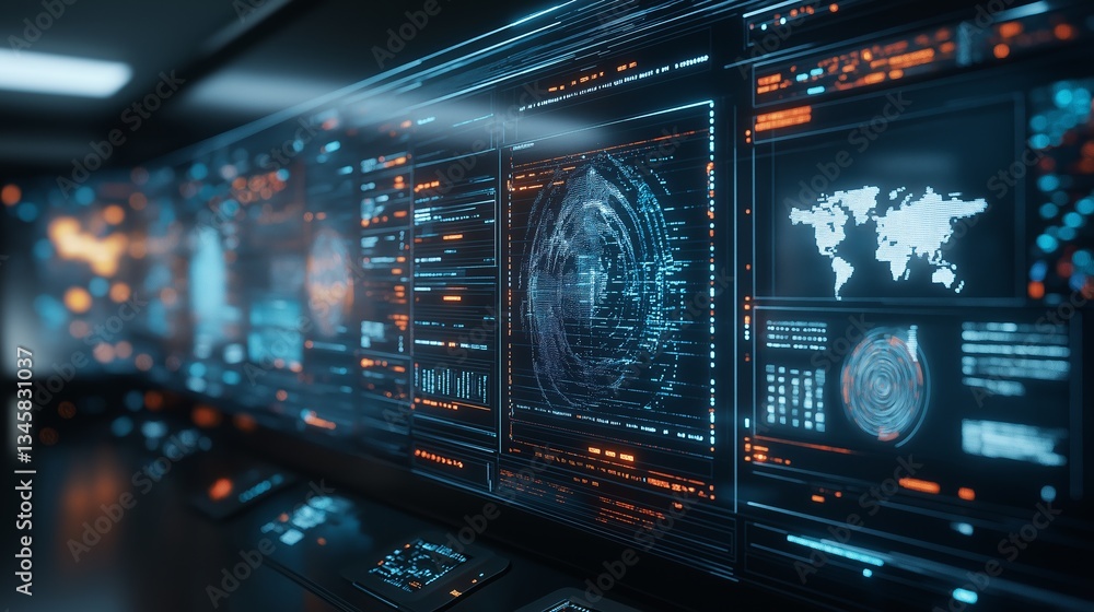 Poster futuristic control room powered by quantum technology enables advanced data analysis and global moni