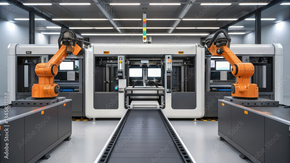 Poster a fully automated red 3d printing production line showcasing advanced manufacturing technology. fact