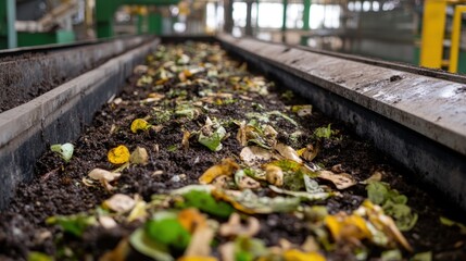 A composting station at a zero-waste production facility featuring organic scraps, soil, and a focus on sustainability and eco-friendly practices