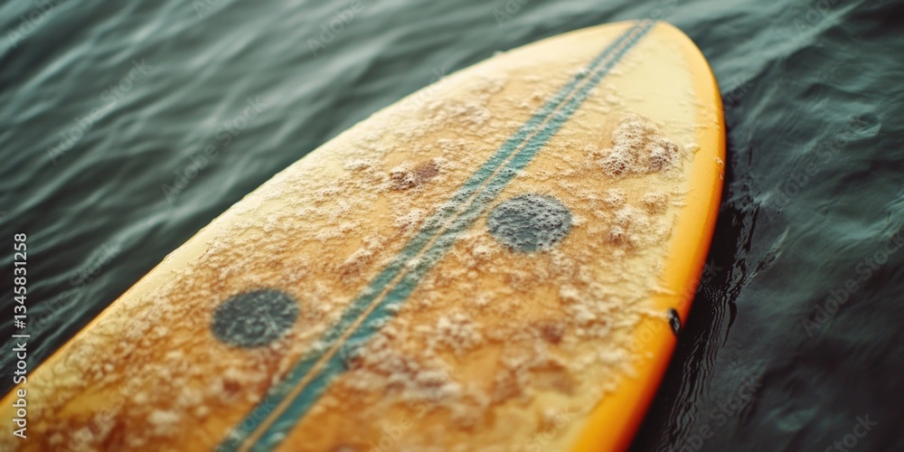 Poster a surfboard sits on the surface of the calm ocean, ready for use