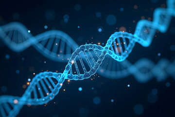 DNA Helix: A captivating view of a luminous DNA helix, the double-helix structure shimmering with vibrant blue hues against a dark background.