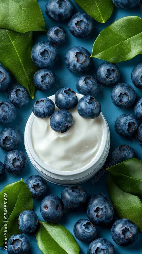 Poster bowl of blueberries and cream is surrounded by green leaves. the blueberries are arranged in a way t