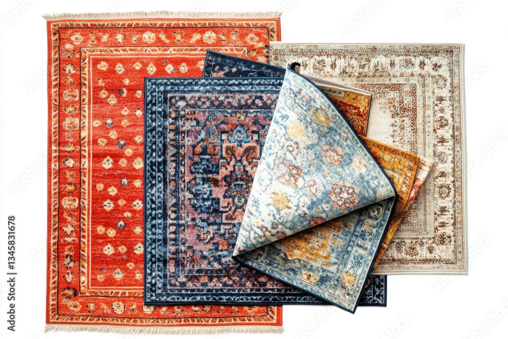 Poster multiple colorful rugs stacked on a plain white surface