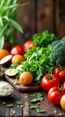 Fresh vegetables and fruits on a wooden table