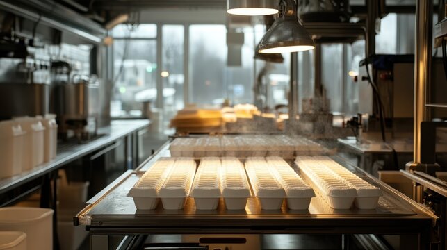 A 100% compostable takeout container factory in operation, showcasing rows of containers on a production line with equipment and natural lighting