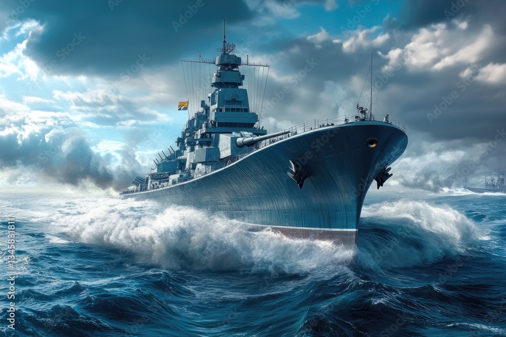 Poster a large battleship sailing in the open ocean