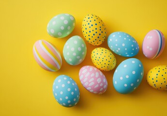 Obraz premium Colorful Easter Eggs with Dots and Stripes on Bright Yellow Background, Perfect for Celebrations, Spring Themes, and Festive Decorations