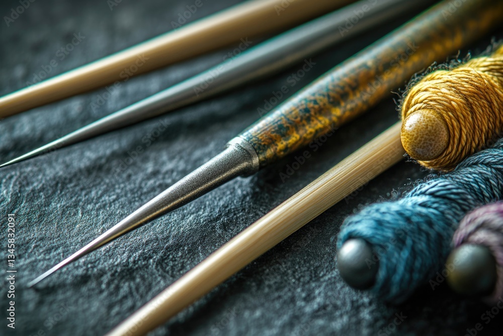 Poster close up shot of knitting needles and yarn, ideal for crafting or diy tutorials