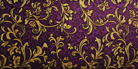A richly patterned brocade fabric texture background with intricate floral motifs in deep purple and gold. The raised woven design adds depth and luxury, reminiscent of classical European textiles and