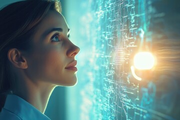 A woman gazes intently at a futuristic, data-rich interface, showcasing technological innovation and exploration.