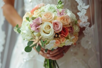 Premium Quality Picture of Closeup on a Bride Holding a Wedding Bouquet of Beautiful Flowers