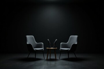 Two gray chairs and microphones ready for a recording session