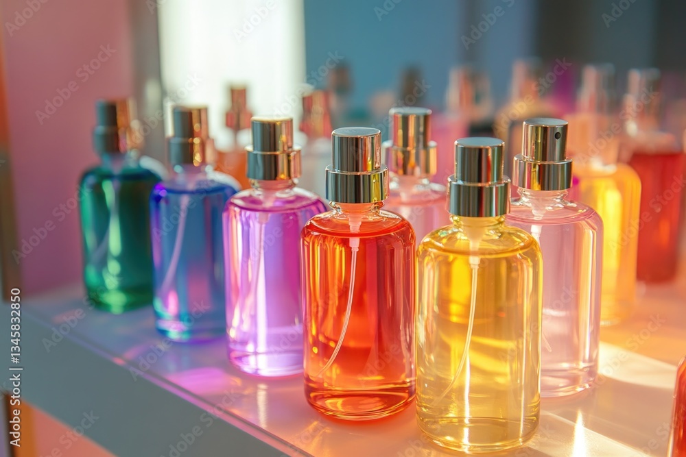 Poster A collection of perfume bottles displayed on a shelf, perfect for use in advertising or editorial content