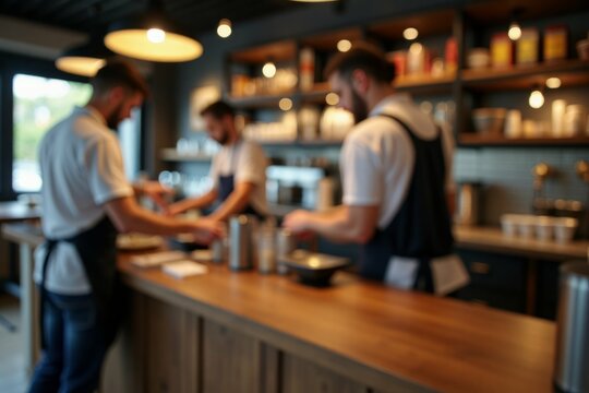 Three baristas work behind a long wooden counter preparing beverages