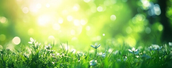 Obraz premium Sunlit spring meadow with fresh green grass and bokeh