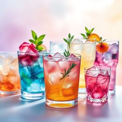 Colorful refreshing drinks with ice