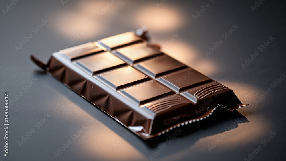 Poster delicious dark chocolate bar resting on a surface with soft lighting creating an elegant atmosphere