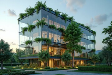 Obraz premium A modern glass building with greenery and landscaping is depicted