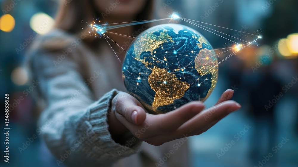 Poster a woman holds a globe in her hands, representing global connection and unity