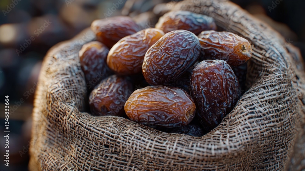 Poster a close up image of a bag filled with dates
