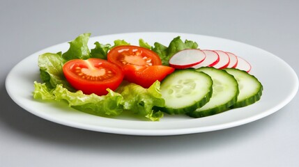 Fresh salad with sliced tomatoes, cucumbers, radishes and lettuce