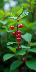 Obraz premium Poisonous plant with shiny red berries and green leaves
