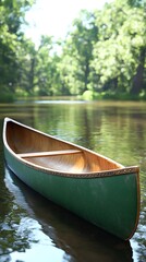 Canoe floats on water of river with lush trees in background. Adventure travel scene for recreational use
