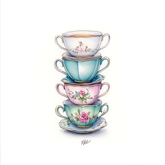 Stacked Teacups with Floral Design.