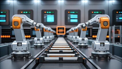Futuristic robotic assembly process showcasing advanced technology and automation in manufacturing. Factory automation,