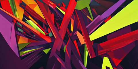 A bold, colorful abstract background with layered geometric gradients. The sharp, angular shapes in radiant red, electric lime, and deep purple create a high-contrast, energetic, and visually dynamic
